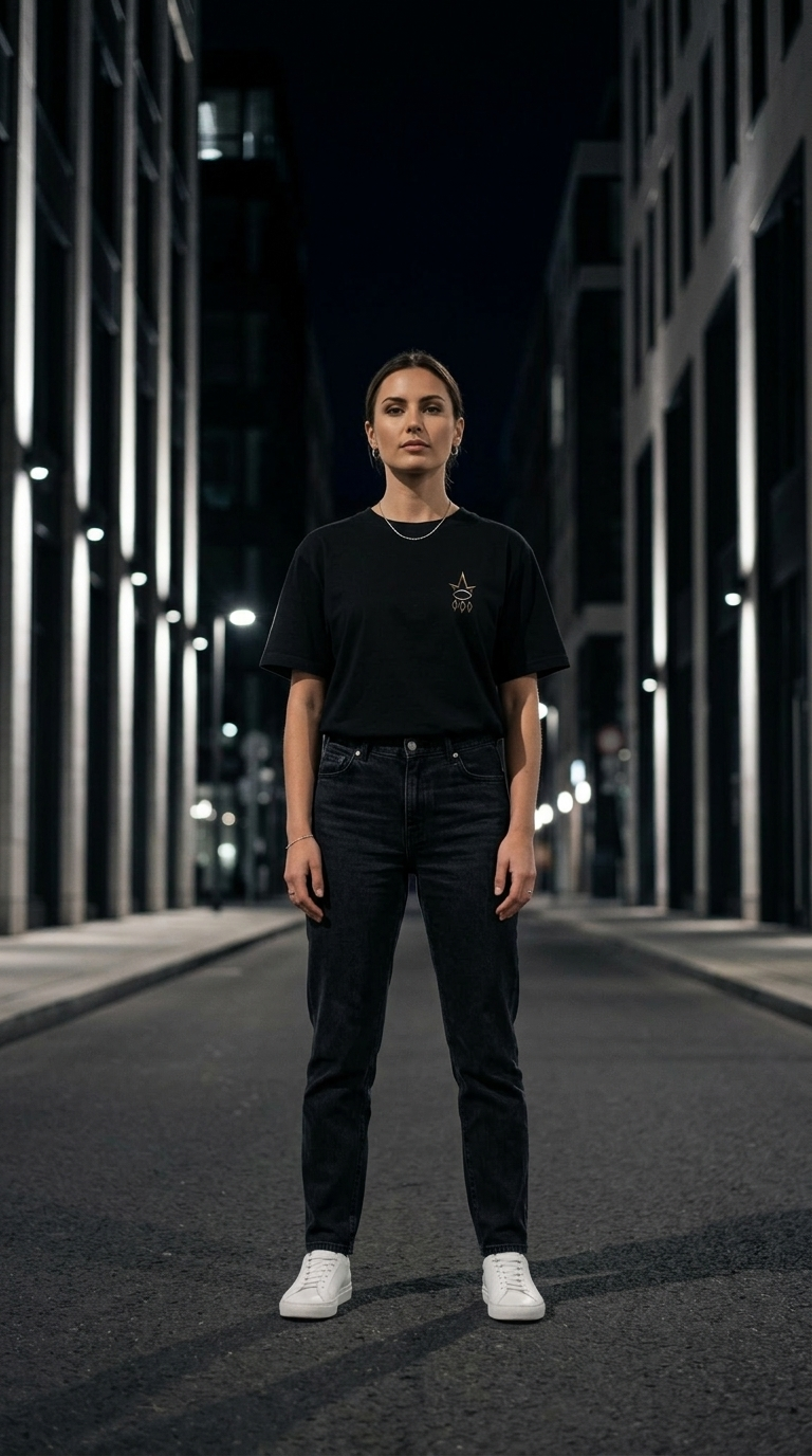 REGN Logo Tee — woman on rainy city street at night