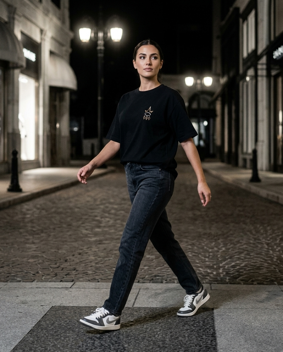 REGN Logo Tee — woman standing in front of modern building at night