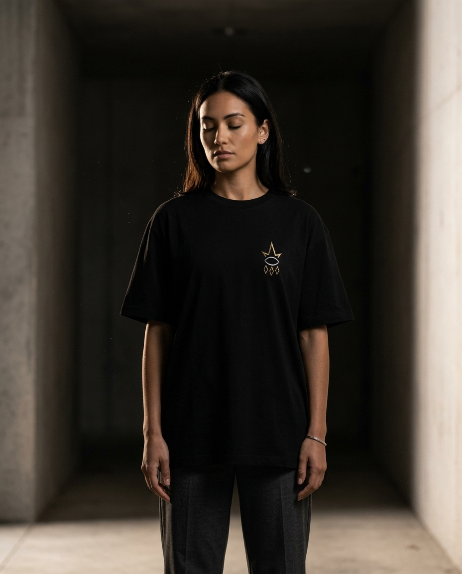 REGN Logo Tee — woman in dark hallway