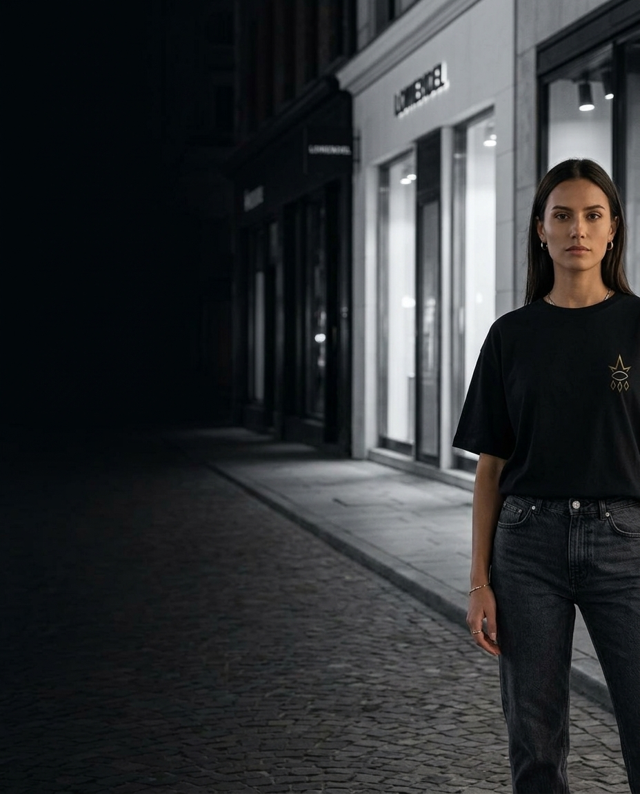 REGN Logo Tee — woman walking city street at night